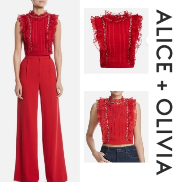 Alice + Olivia Gwen Red Ruffle Crystal Embellished Top, 0, GD1188 - Picture 1 of 5